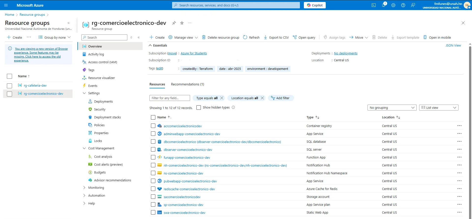 Grupo de recursos en Azure